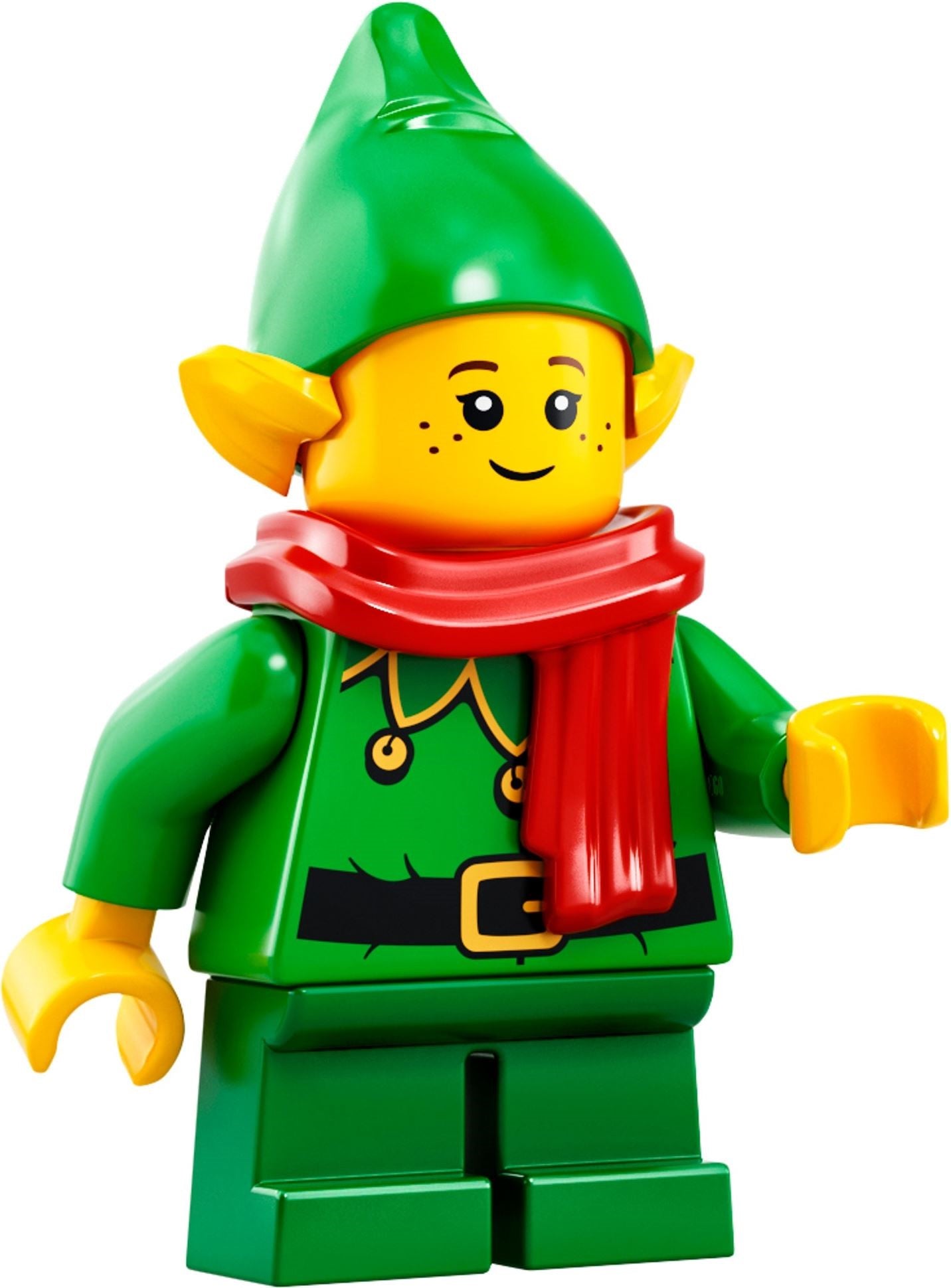 Toy figure of an elf in green outfit with red scarf on a white background