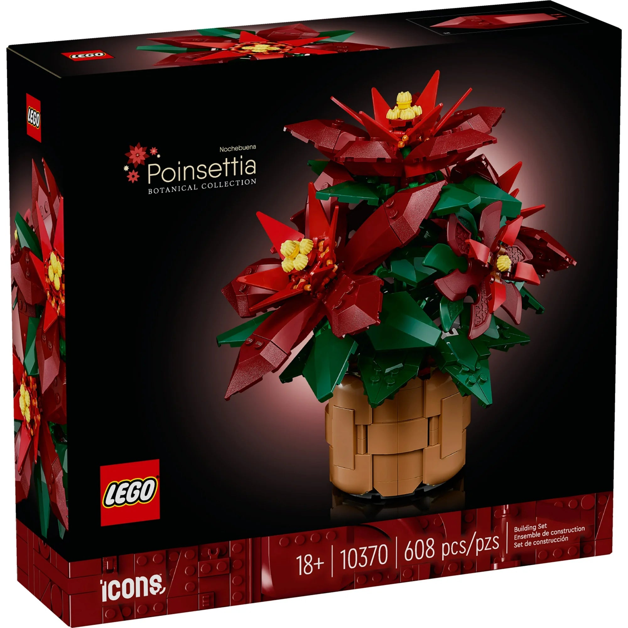 LEGO Poinsettia botanical collection set packaging on a dark background