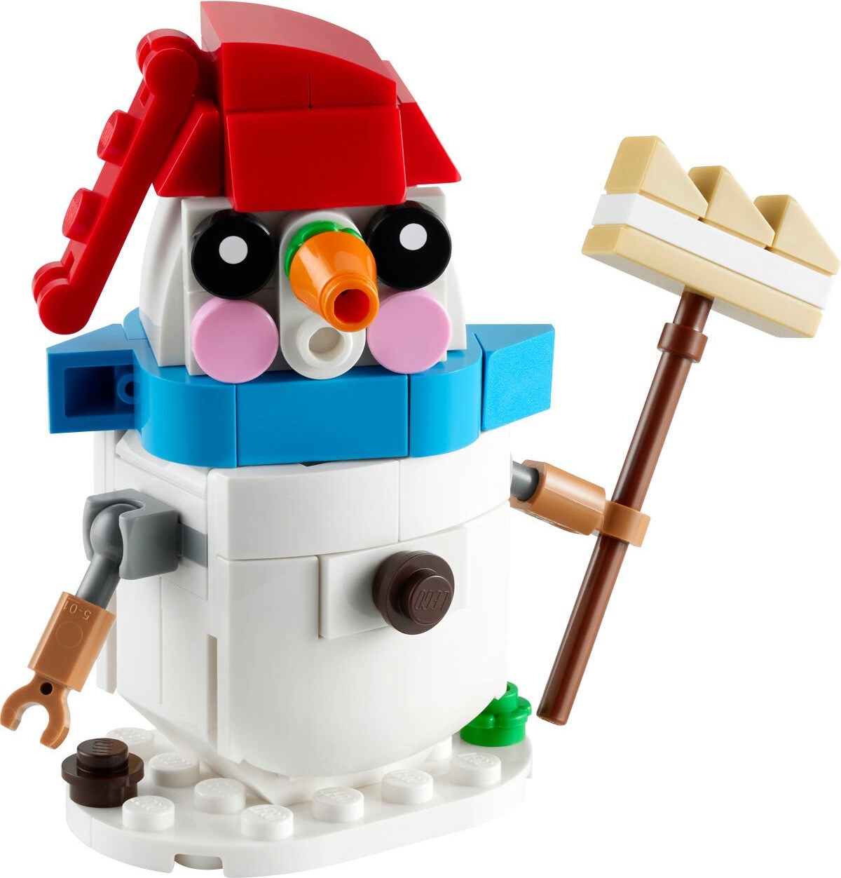 Toy figure made of interlocking bricks with a red hat, blue block, and various other colors on a white background.
